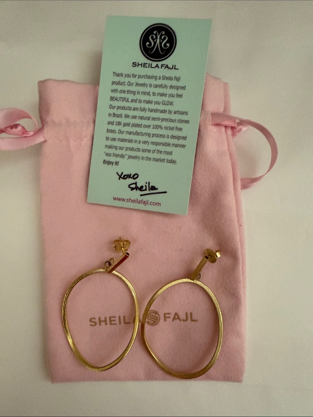 Sheila Fajl Gold Oval Drop Earrings in Pink Pouch